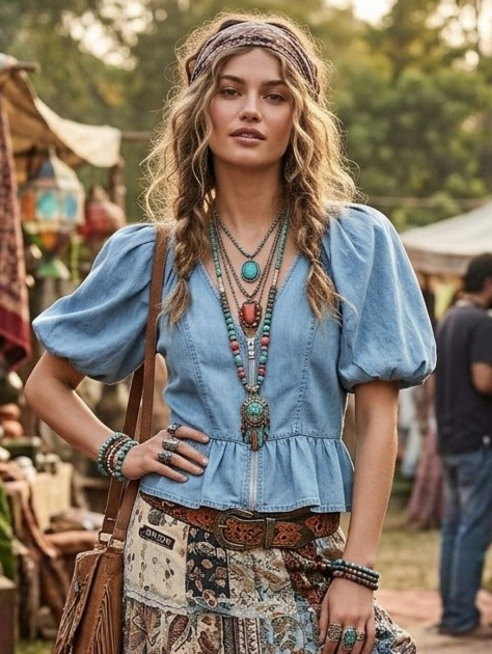 DKNY  Peplum Denim Chambray Top - Front Zip, Puff Sleeves